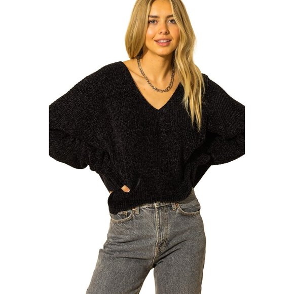 COPY - DOUBLE ZERO BLACK V NECK DROP SHOULDER CHENILLE SWEATER - NWT - SZ: S/M/L - Picture 9 of 11